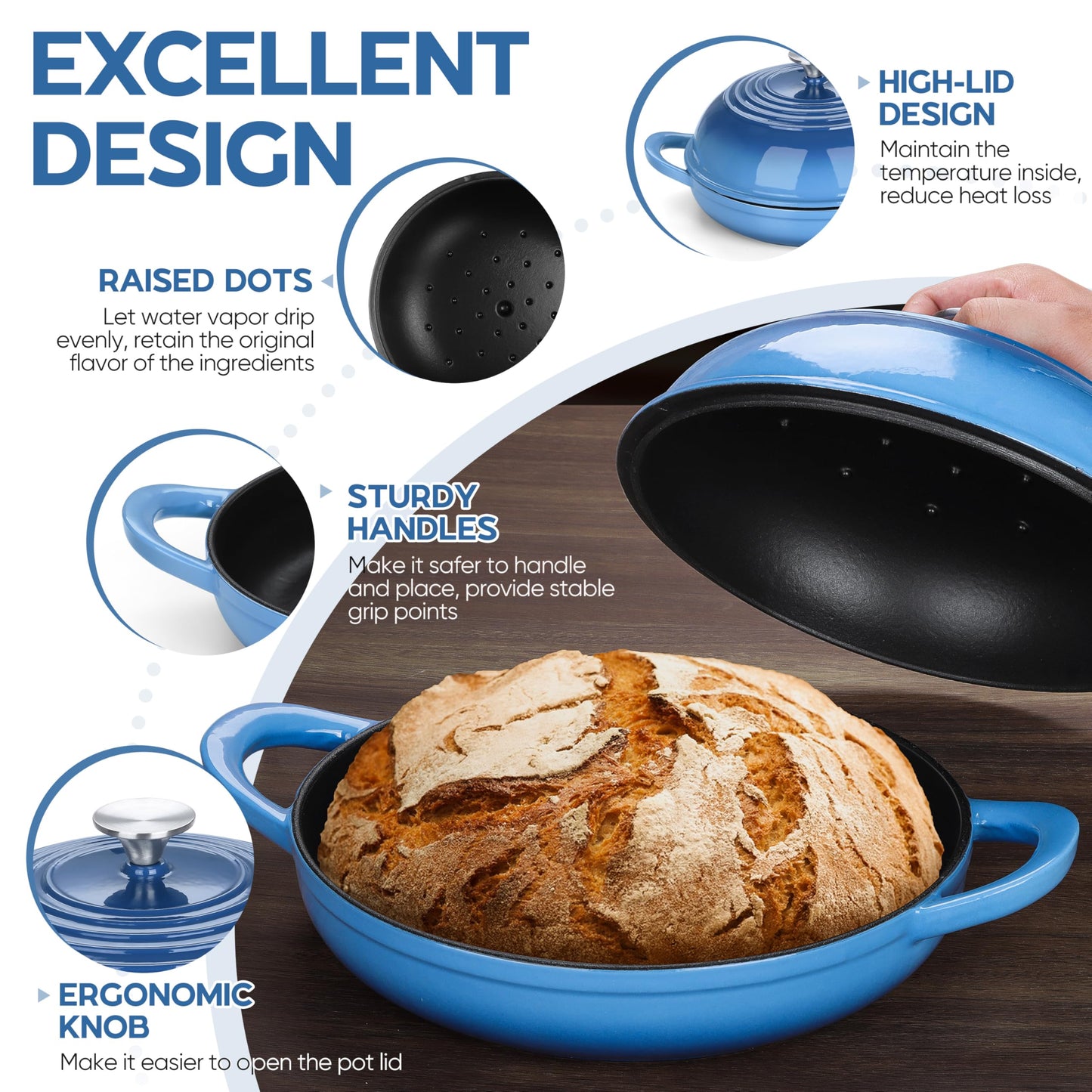 E-far Dutch Oven for Sourdough Bread Baking, 6 Qt Round Enameled Cast Iron Dutch Oven for Homemade Artisan Bread, Dome Lid & Shallow Base, Matte Black Interior & Durable, Oven-Safe to 500℉, White