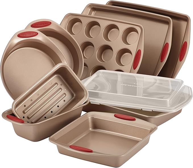 Rachael Ray 47578 Cucina Nonstick Bakeware Set with Grips Includes Nonstick Bread Pan, Baking Sheet, Cookie Sheet, Baking Pans, Cake Pan and Muffin Pan - 10 Piece, Latte Brown with Agave Blue Grips