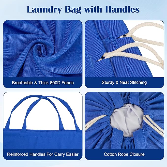 Laundry Bag with Handles & Drawstring Closure 27.6”Wx35"H, Thick Laundry Bag Heavy Duty Washable Dirty Clothes Travel Sack for Camp, College Dorm, Laundromat (Blue, 1Pack)