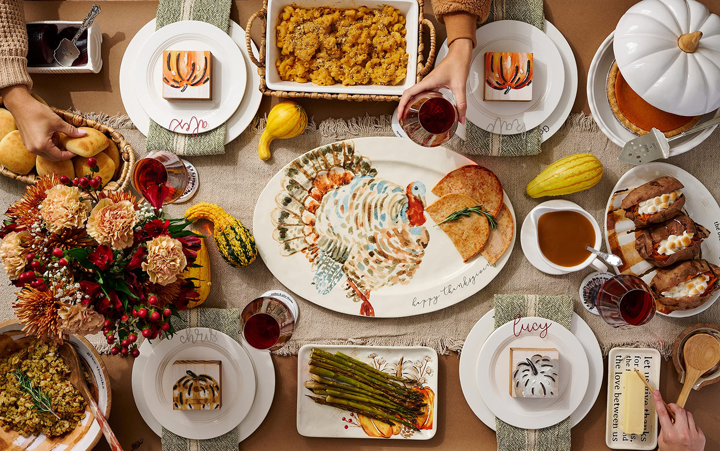 Mud Pie Turkey Platter, Large Thanksgiving Serving Platter, White Ceramic