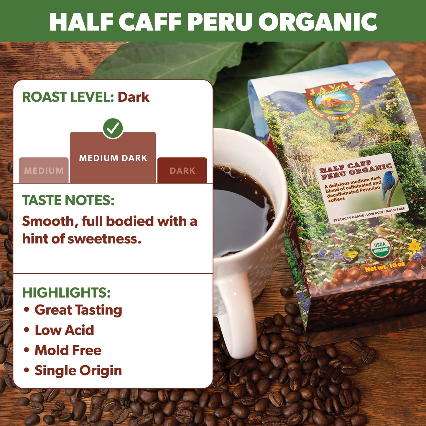 Java Planet Low Acid Organic Whole Bean Coffee, Papua New Guinea, 16 oz