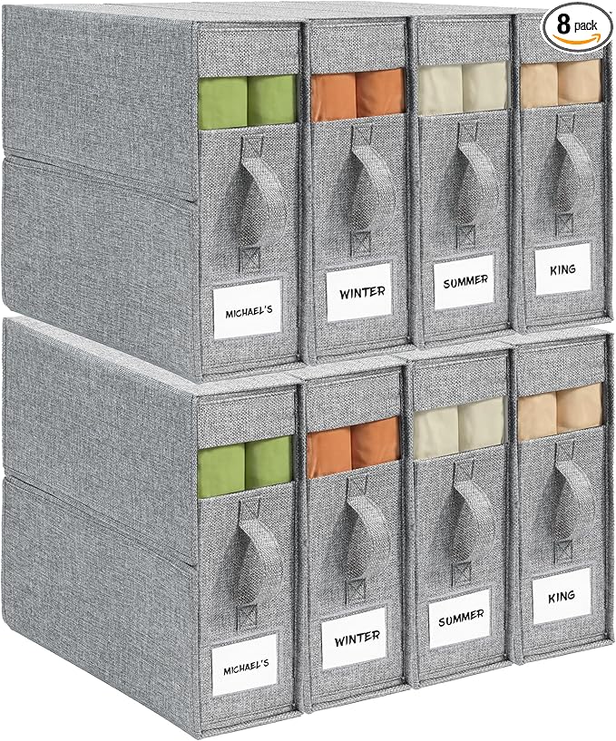8Pack Sheet Organizers and Storage - King/Queen Size Sheet Storage Organizer with Window, Foldable & Dustproof Sheet Organizer for Linen Closet for Summer Blankets & Sheet Sets,Grey