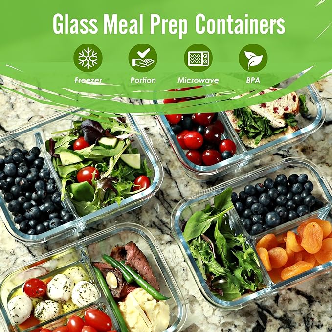 FIT Strong & Healthy Glass Meal Prep Containers, 2 & 3 Compartments – 32 oz Glass Containers with Lids, Food Storage with Black Lids, Oven & Freezer Safe, Leak-Proof Bento Box Adult, 4 Pack