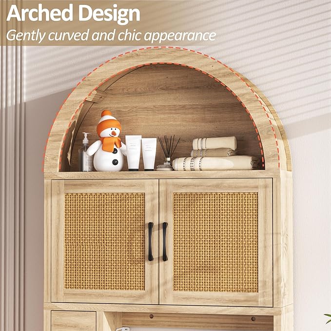 Spurgehom Over The Toilet Storage Cabinet, Bathroom Shelf Organizer Freestanding, Bathroom Arch Cabinet Over Toilet with Toilet Paper Holder and Anti-Tipping Device (Wood & Wicker Door)