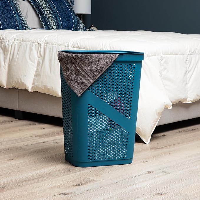 Mind Reader Slim Laundry Hamper with Lid, 60L Clothes Basket, Ventilated Plastic, Blue