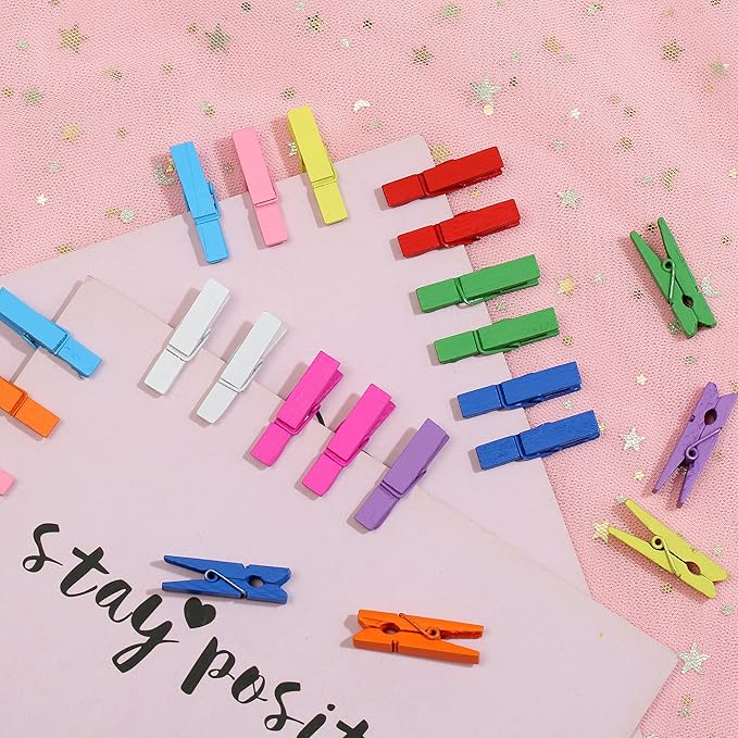 Mini Clothespins for Photos,100pcs Clothes Pins Wooden,Colorful Clothespins with Jute Twine, Small Clothes Pins Tiny Clothespins for Photos, Crafts, Pictures