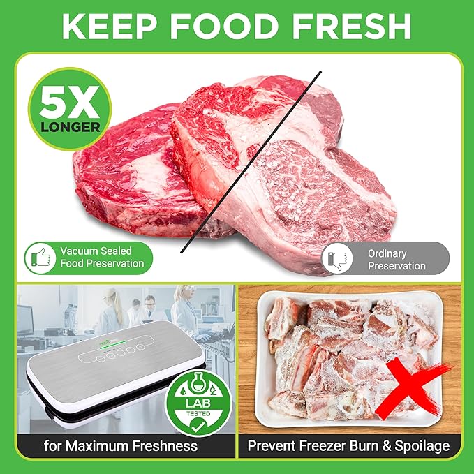 NutriChef Automatic Vacuum Air Sealing System for Food Preservation with Starter Kit, Compact Design, Lab Tested, Dry & Moist Food Modes with Led Indicator Lights, Silver