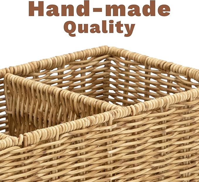 myHomeBody Wicker Basket With 3 Compartments, For Toilet Tank Paper Rolls, Hand Woven Bathroom Countertop Organizer, Bedroom Organization, 1pc, Tan