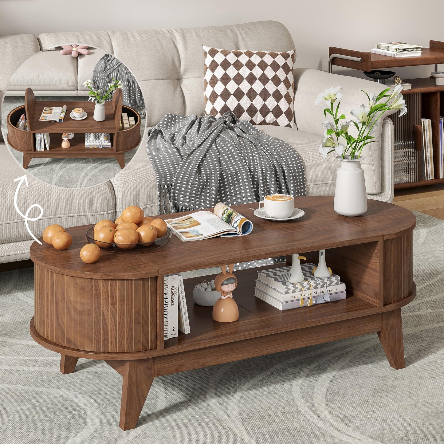 Coffee Table with Storage,Mid Century Modern Coffee Tables with 2 Flip-Top Hidden Lids,Fluted Coffee Table,Wood Center Tables for Living Room Home Office (Walnut Color)