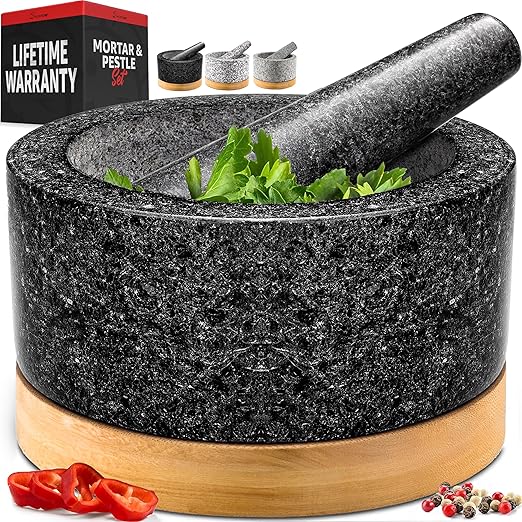 PriorityChef Heavy Duty Mortar and Pestle Set with Bamboo Base, 100% Natural Granite Stone Grinder, Guacamole Bowl and Masher, 1.5 Cups, Black
