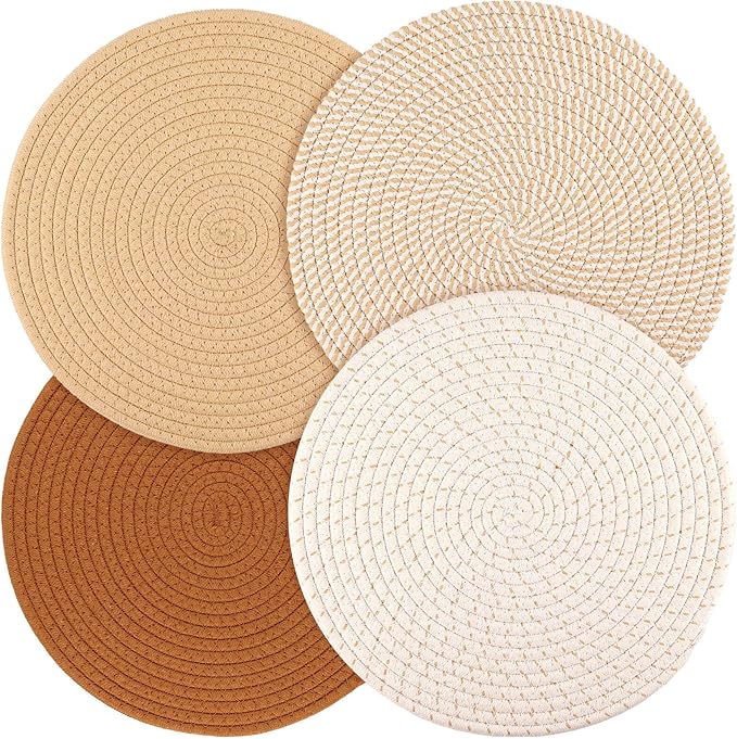 Billbotk Round Woven Placemats Set of 4, 13 Inches Kitchen Table Place Mats for Dining Table, Trivets for Hot Pots and Pans, Boho Table Decorations for Table Setting, Tabletop Accessories