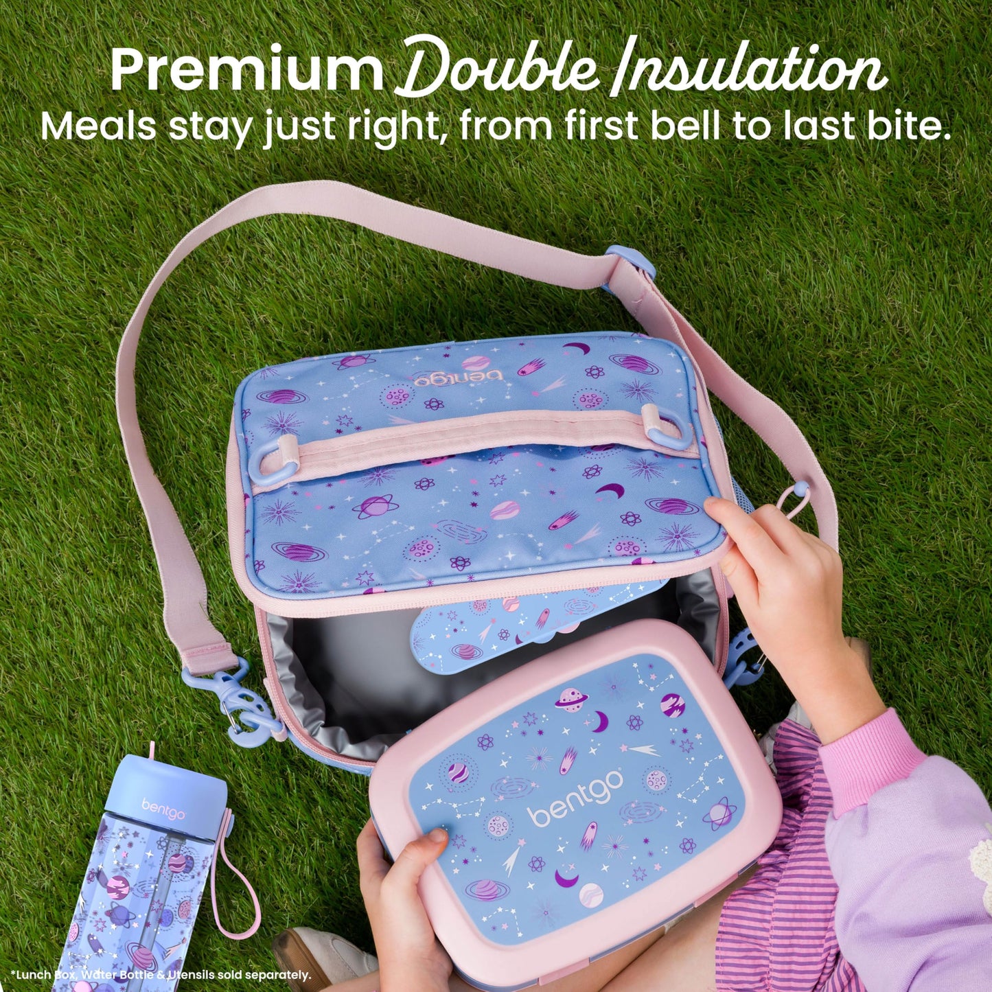 Bentgo Kids Lunch Bag - Double-Insulated, Reusable Lunch Bag for Kids 3+ with Adjustable Strap; Holds Lunch Box/Water Bottle/Snacks; Easy-Clean, Water-Resistant & Pockets (Glitter - Petal Pink)