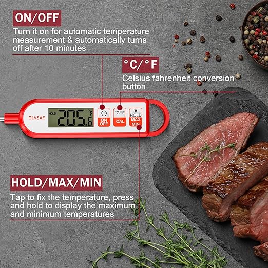 GLVSAE Digital Meat Thermometer Instant Readings in 1-2 Seconds Food Thermometer with Extended Probe Waterproof for Cooking, Confectionery Making, Barbecuing and as a Gift for Friends and Family