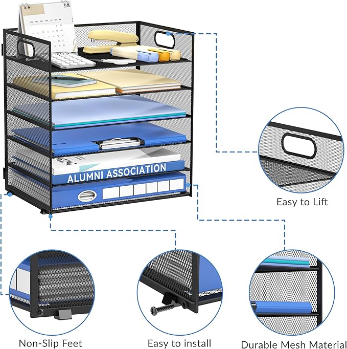 Daltack 6 Tier Paper Organizer for Desk, Paper Letter Tray Organizer for Desks, Mesh Desk File Organizers with Handle for Office, Home, School, Black, 2 Pack