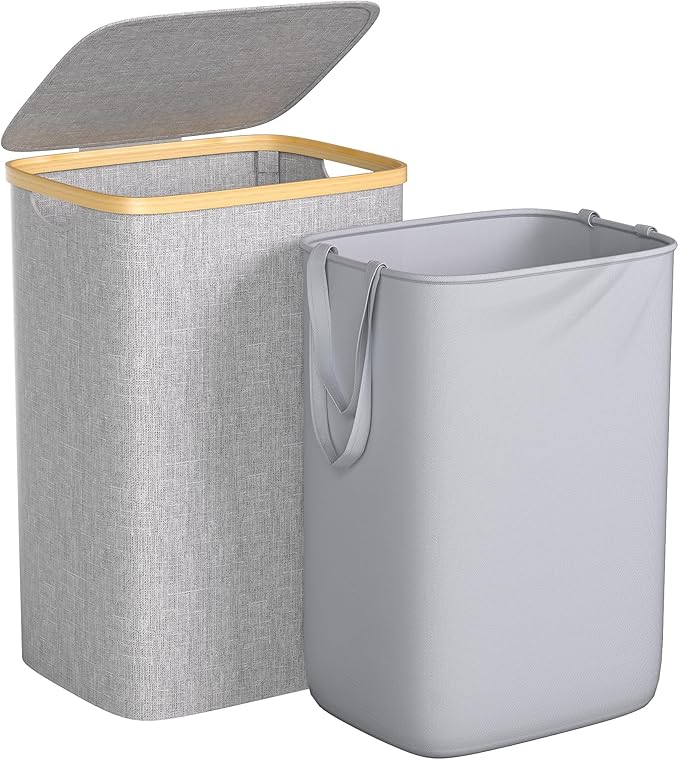 Large Laundry Hamper, 75L Waterproof Laundry Basket with Lid and Removable Bag, Collapsible Tall Clothes Hamper with Bamboo Handles for Clothes Toys in Dorm Bedroom Bathroom, Grey