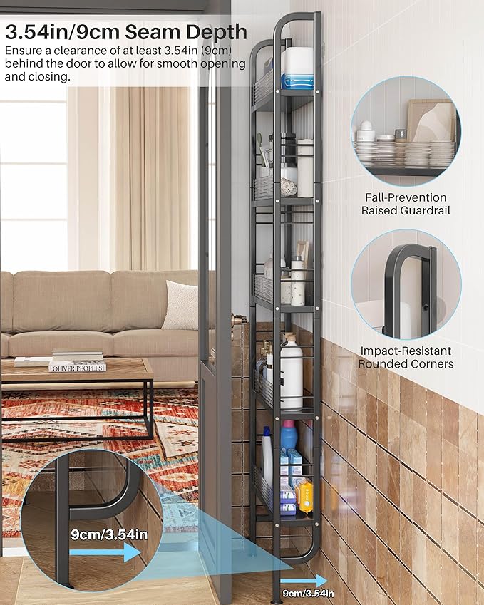 UMDONX Behind The Door Bathroom Shelf Narrow 5-Tier, Slim Space-Saving Storage Shelf, Freestanding Narrow Shelving Unit for Bathroom, Kitchen, Closet and Laundry Room Black