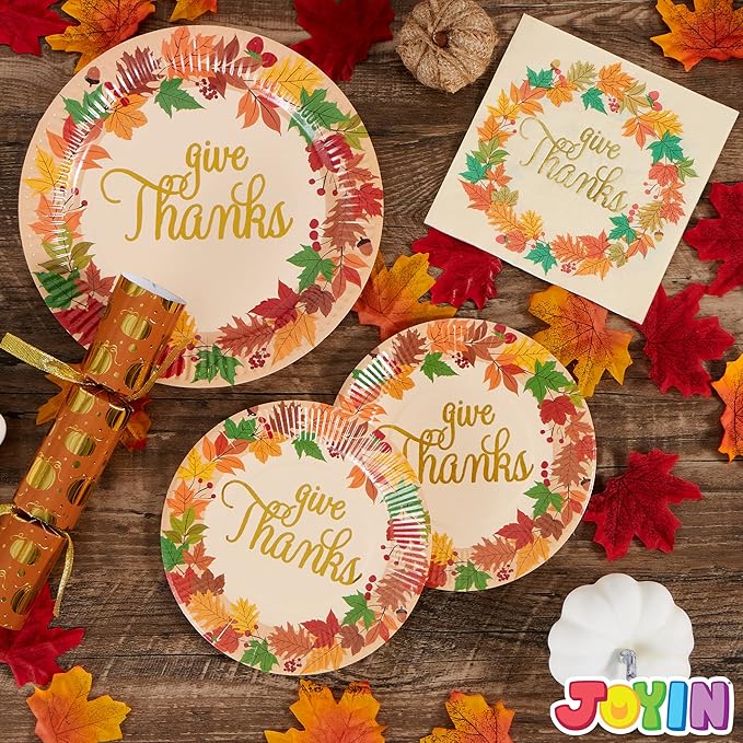 JOYIN 100 Pcs Thanksgiving Paper Plates and Napkins Disposable Dinnerware Set for 25 Guests, Give Thanks Theme Party Supplies, Happy Autumn Tableware Set