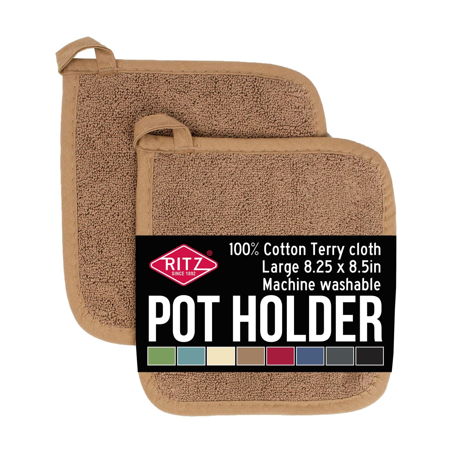 RITZ Terry Potholder & Hot Pad: Unparalleled Heat Resistant, Durable 100% Cotton – Ergonomically Designed for Optimal Grip – Easy-Care Machine Washable – 2-Pack, Latte