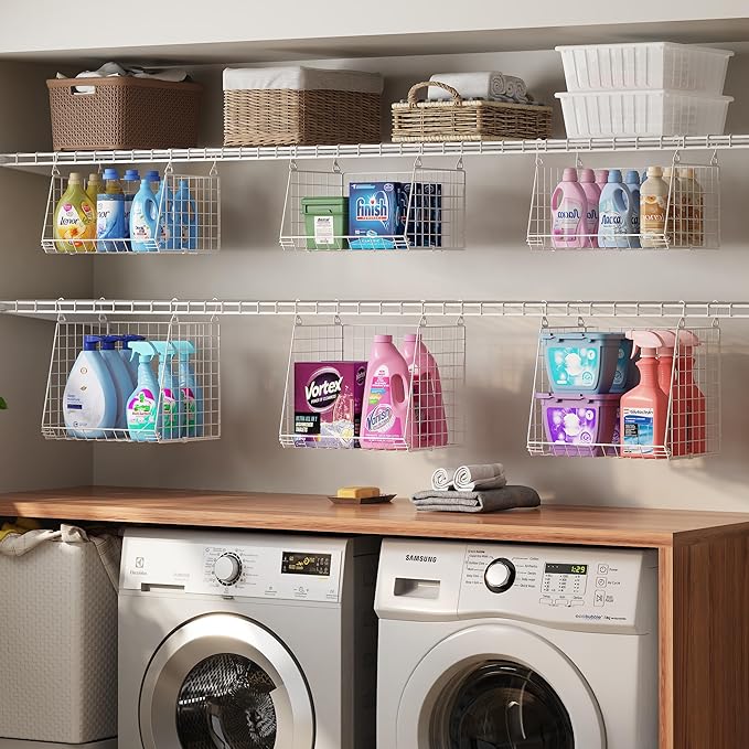 4-Tier Hanging Laundry Room Organizer: Foldable Wire Shelf Basket with 2 Large Hooks 1.65" & 360°Rotating Hooks – Space-Saving Laundry Storage Basket, for Wardrobe Closet Storage, White Patent