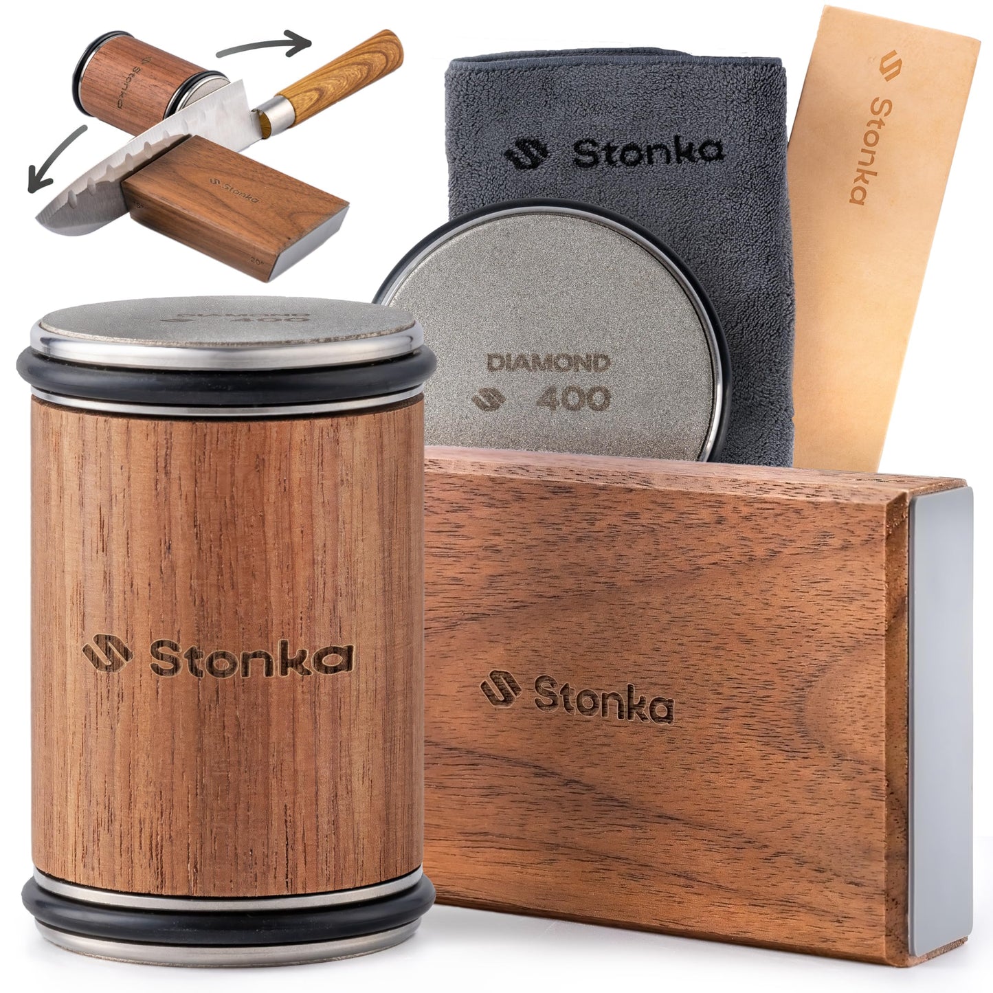 Stonka Walnut Rolling Knife Sharpener Kit – Premium Dark Wood, Diamond Wheels, Magnetic Angle Guide 15° & 20°, Leather Strop – Giftable Packaging