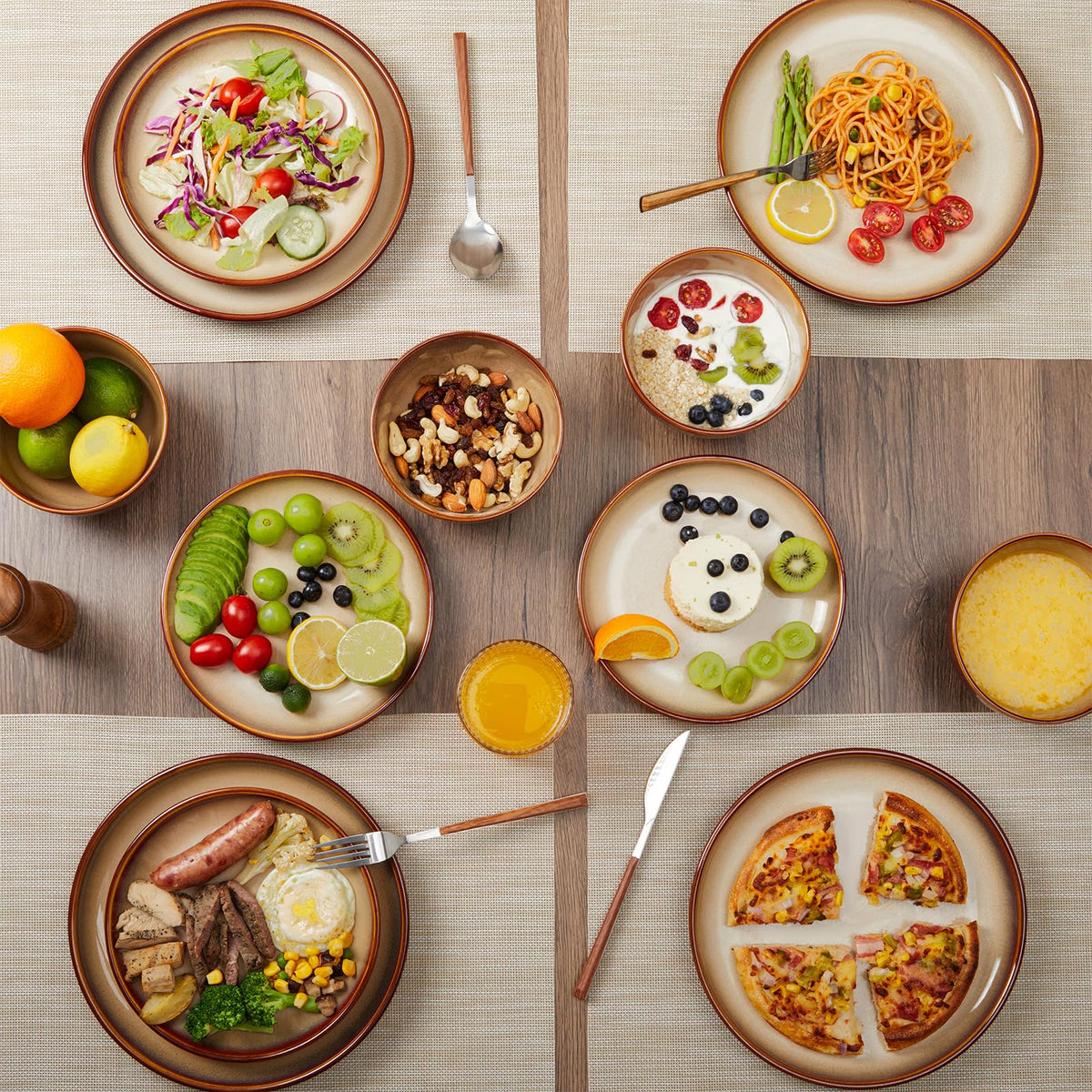 Pokini Stoneware Dinnerware Set Service for 4, 12 pcs Reactive Glaze Plates and Bowls Sets, Handmade Round Dishes Set, Highly Chip and Crack Resistant Modern Plate Set, Brown Yellow