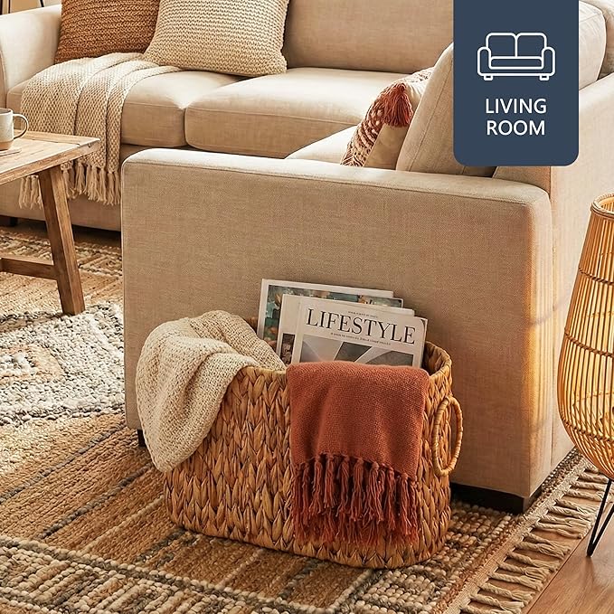 Toilet Paper Storage Basket, Water Hyacinth Toilet Paper Holder for Up to 6 Mega Rolls, Wicker Basket for Bathroom Accessories Organizer, Boho Hand Woven Rattan Decorative Decor, Natural
