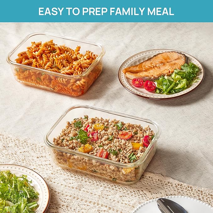 Vtopmart 2Pack 1860ml/63oz Large Glass Storage Containers with Lids, Meal Prep Food Container Set with Snap Airtight Lid for Baking, Microwave, Oven, Leak Proof, for Freezer, Dishwasher, Grey