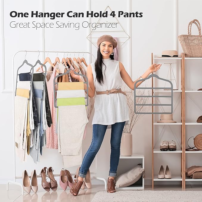 Velvet Pants Clothes Hanger Space Saving Non Slip Pants Shorts Hanger, Myfolrena Jeans Slack Trousers Hangers Multiple Velvet Hanger Closet Storage and Organization for Jeans,Scarf,Tie(Grey, 5)