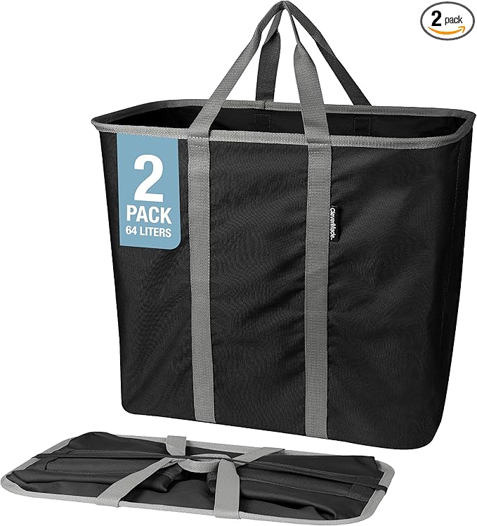 CleverMade Collapsible Laundry Caddy – Foldable Laundry Hamper & Tote, XXL 64L Pop-Up Laundry Basket with Handles, Space-Saving Laundry Organizer for Home, Dorm, Closet & Travel, 2 Pack - Black Gray