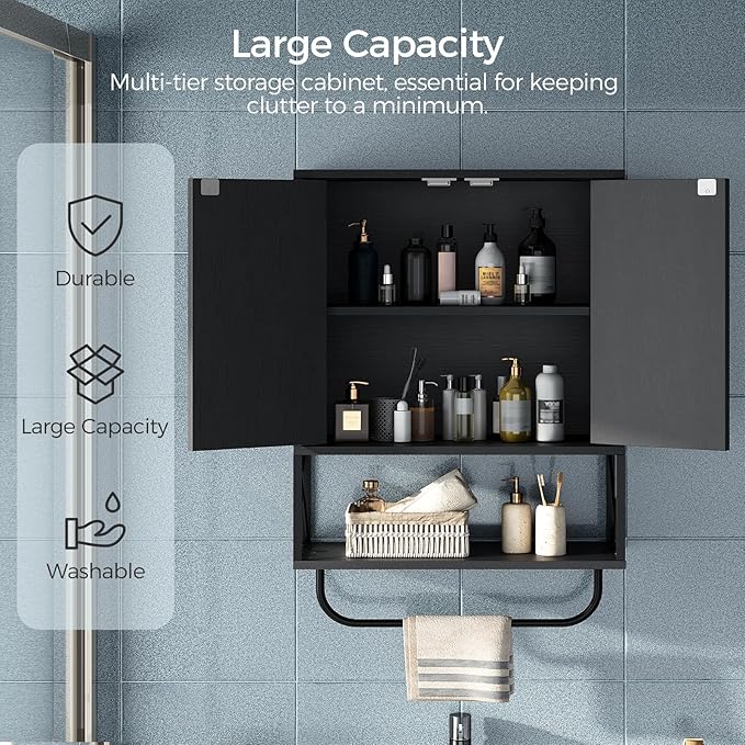 Bathroom Wall Cabinet with 2 Door and Adjustable Shelf, Farmhouse Medicine Cabinet with Towel Rack, 3-Tier Wall Mounted Storage Cabinet Over The Toilet for Bathroom, 18.9" L, Black
