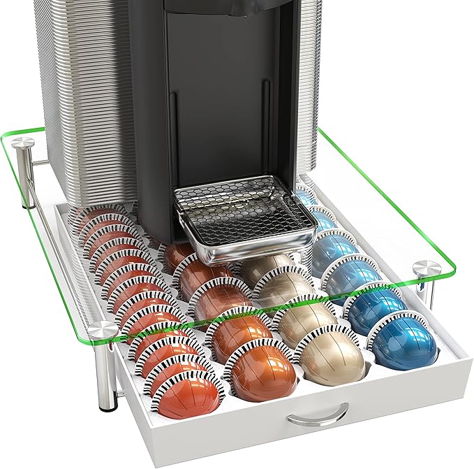 DecoBrothers Crystal Tempered Glass Vertuo Pod Holder Drawer, 28 Large or 56 Small Nespresso Capsule Organizer, White