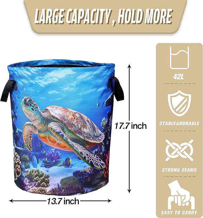 Sea Turtle Laundry Basket Animal Foldable Oxford Cloth Funny Tote Bag Laundry Hamper Clothes Storage Bucket Organizer For Bathroom/Laundry Storage/Bedroom 17.7x13.7 Inch