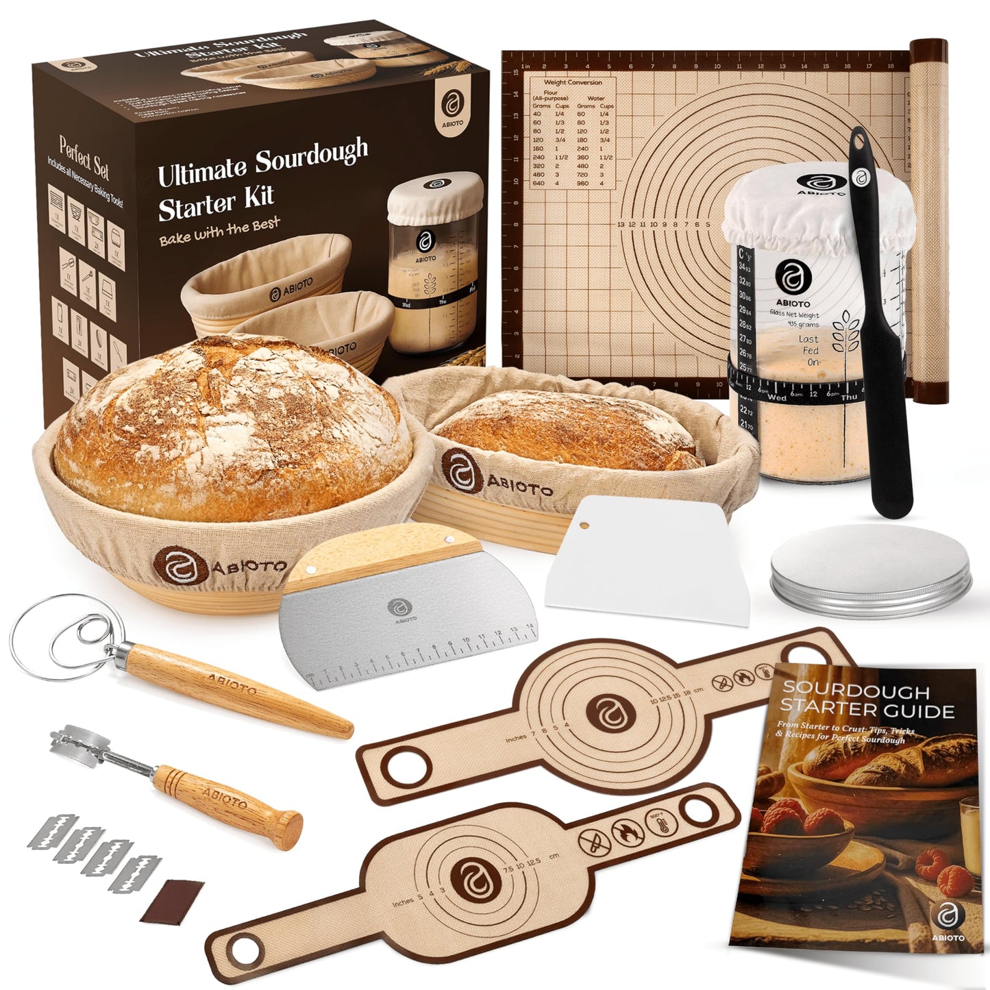 Sourdough Starter Kit with 10" Round & 11" Oval Banneton Proofing Basket and 34oz Starter Jar - Beginner-Friendly Sourdough Bread Baking Supplies and Baking Gifts for Women, Men, and Bread Bakers