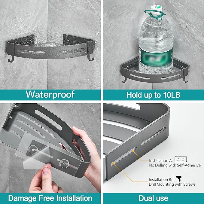 Hoomtaook 2-Tier Corner Shower Shelf No Drilling Bathroom Shelves Shower Caddies Adhesive Bath Corner Shelf Wall Mounted Bathroom Shower Caddy Organizer - Dark Grey