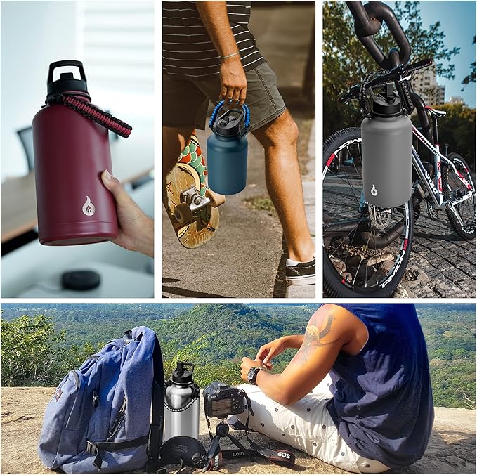 BJPKPK Half Gallon Insulated Water Bottles with Straw Lid, 64oz Large Water Jug, Stainless Steel Bottles with 3 Lids and Paracord Handle, Thermo for Hot & Cold Liquid, Army Green