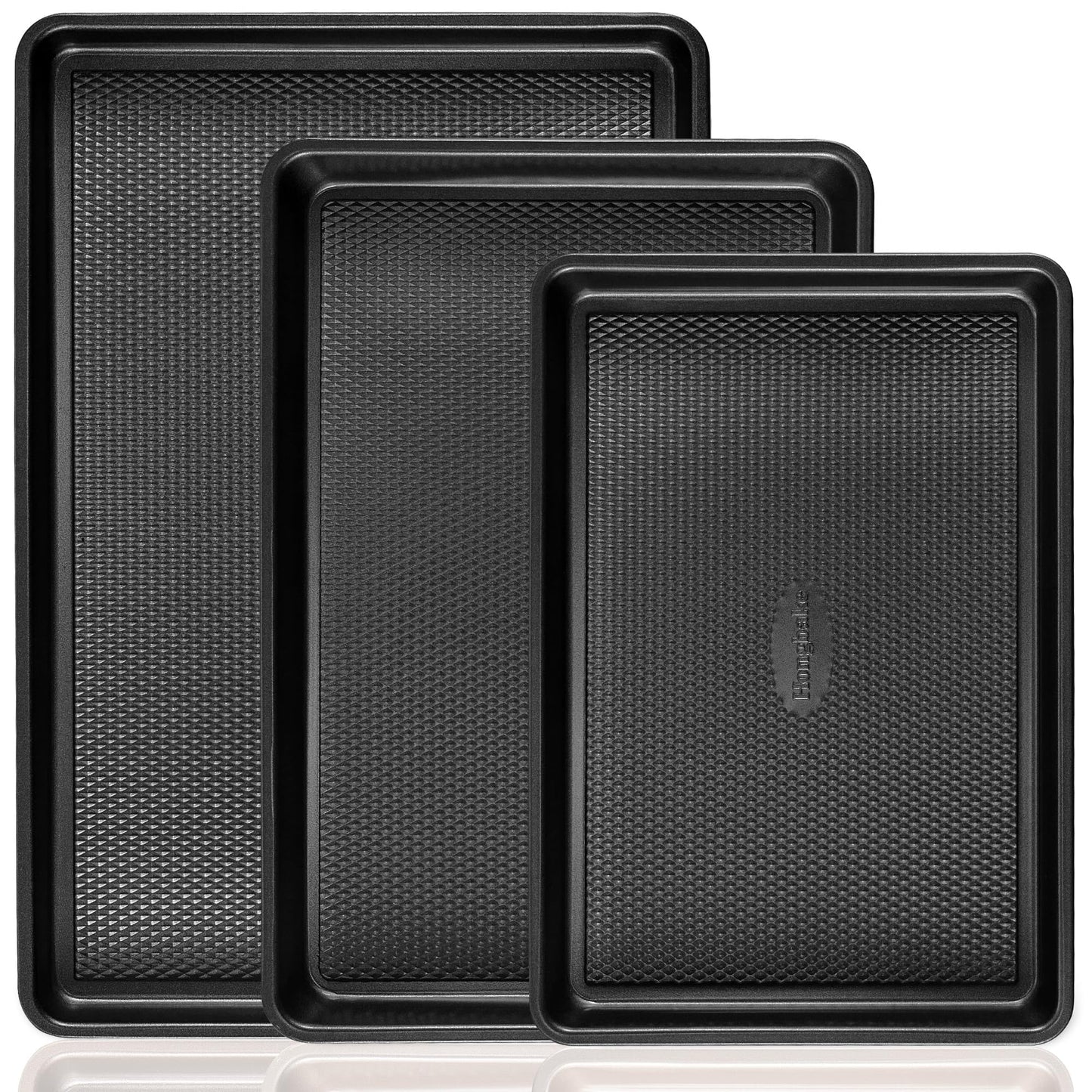 HONGBAKE 3 Pack Gold Nonstick Baking Sheet Pan Set with Oven Mitts Heat Resistant, Non-Toxic Half/Quarter/Jelly Roll Pans with Diamond Texture Pattern, Heavy Duty 0.8mm Thick Cookie Trays for Cooking