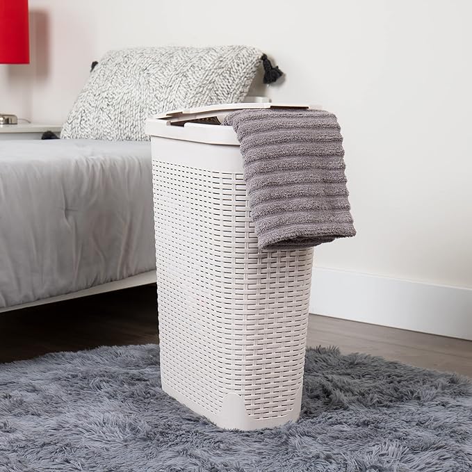 Mind Reader Slim Laundry Hamper with Lid, 40L Clothes Basket, Premium Wicker Design, Plastic, Set of 2, Ivory