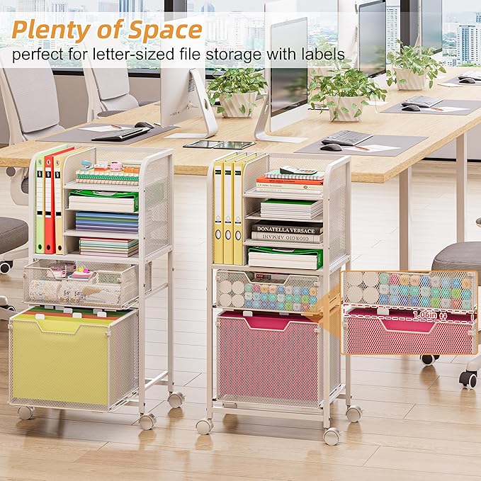 Rolling File Cart with 2 Drawers, White File Cabinet Organizer for Hanging File Folders, Letter-Size File Storage with Wheels, Multi-Layer Mobile Filing Cabinet for Office and Home, White
