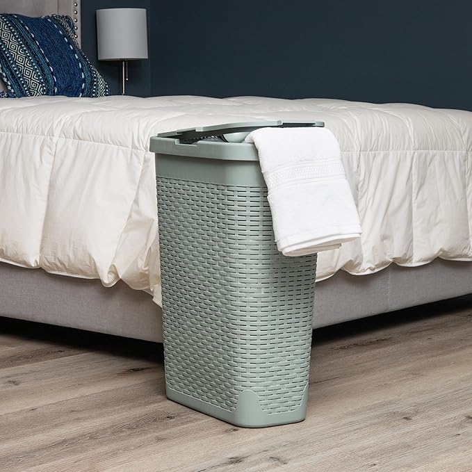 Mind Reader Slim Laundry Hamper with Lid, 40L Clothes Basket, Premium Wicker Design, Plastic, Mint
