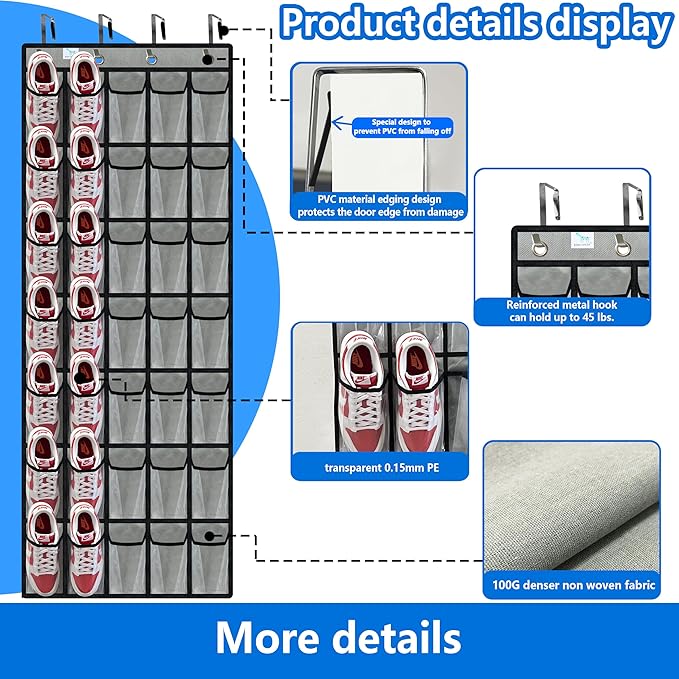 over the door shoe organizer,2025 upgraded,over door shoe organizer,35 Huge clear pockets,over door shoe organizer,Store size 13 shoes,hooks Suitable for various doors,Grey