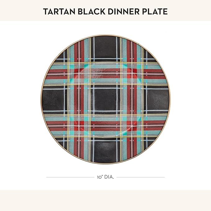MACKENZIE-CHILDS Enamel Dinner Plate, Decorative Dinnerware Plate, 10 Inches, Set of 1, Black Tartan