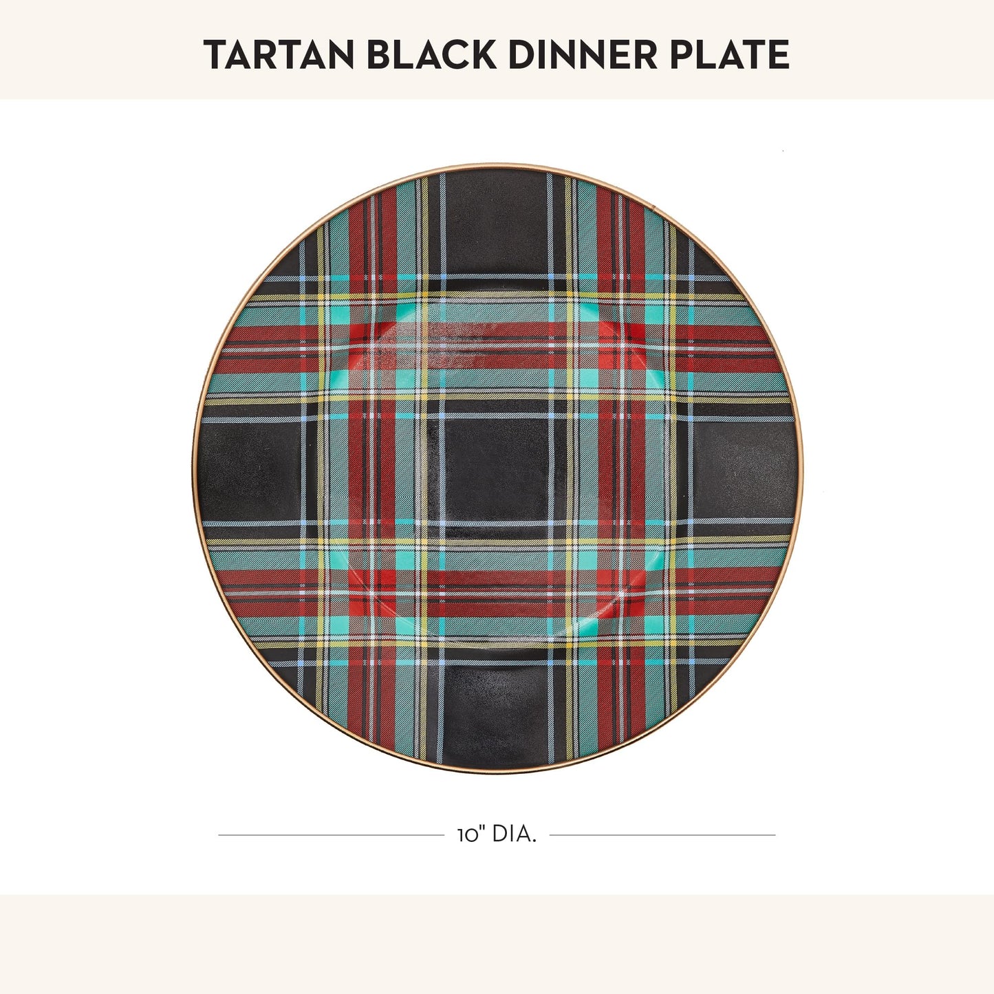 MACKENZIE-CHILDS Enamel Dinner Plate, Decorative Dinnerware Plate, 10 Inches, Set of 1, Black Tartan