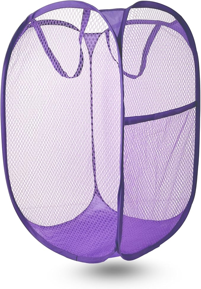 Pop Up Laundry Hamper, Mesh Laundry Basket Collapsible, Foldable Hamper for Travel and Storage (Purple)
