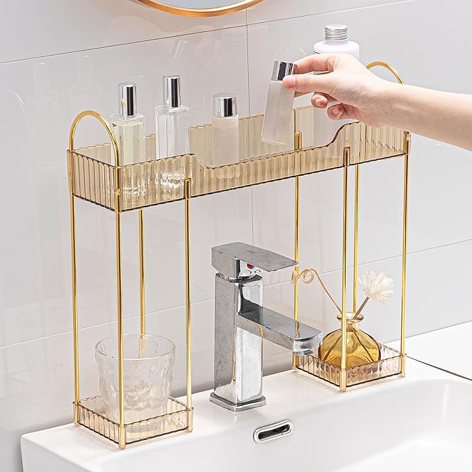 YCIA&DONE Bathroom Countertop Organizer Over The Faucet, Narrow Counter Organizers Above Sink, Table Mounted Faucet Sink Shelf for Kitchen, Toilet, Laundry(Amber Gold)