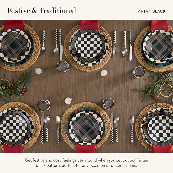 MACKENZIE-CHILDS Enamel Dinner Plate, Decorative Dinnerware Plate, 10 Inches, Set of 1, Black Tartan