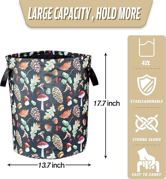 Vintage Mushrooms Laundry Basket Forest Plants Foldable Oxford Cloth Funny Tote Bag Laundry Hamper Clothes Storage Bucket Organizer For Bathroom/Laundry Storage/Bedroom 17.7x13.7 Inch