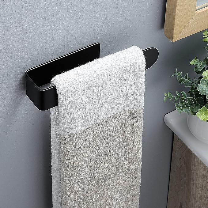 Taozun Hand Towel Bar Bathroom Towel Holder Black Single Towel Rack Self Adhesive Towel Ring Stainless Steel Towel Rail for Bathroom Kitchen, 2 Packs