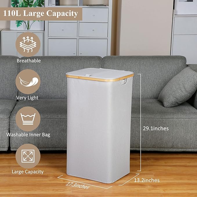 Laundry Basket with Lid, 110L Laundry Hamper with Bamboo Handle,Clothes Basket Organizer with Removable Inner Bag for Clothes Toys Towels,Light Grey