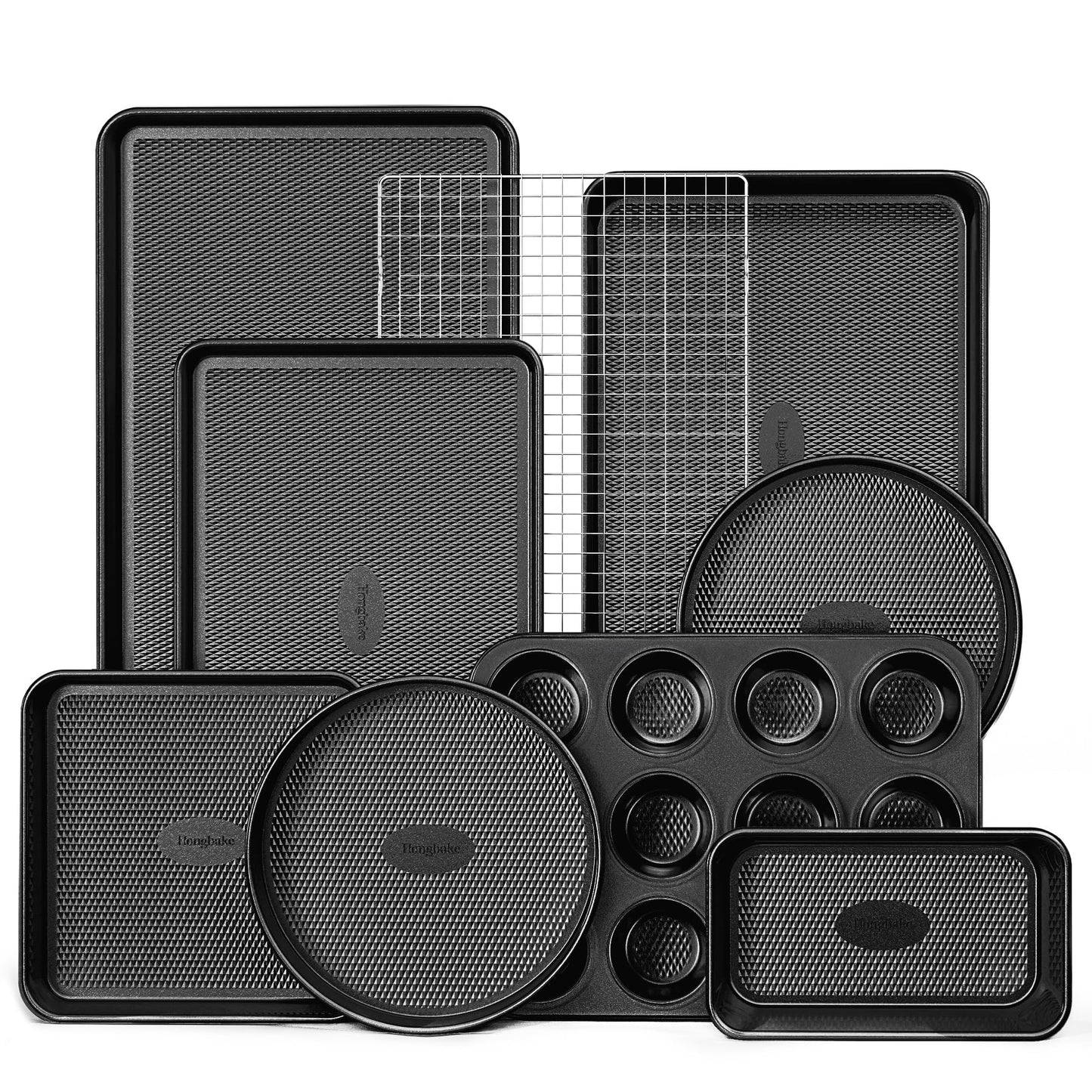 HONGBAKE 9-Piece Baking Pans Set Nonstick, Stackable Non Toxic Bakeware Sets with Diamond Texture, Oven Pan Set for Cooking, Includes Cookie Sheet with Rack, Cake Pan, Roasting Pan, Muffin Tin, Pink