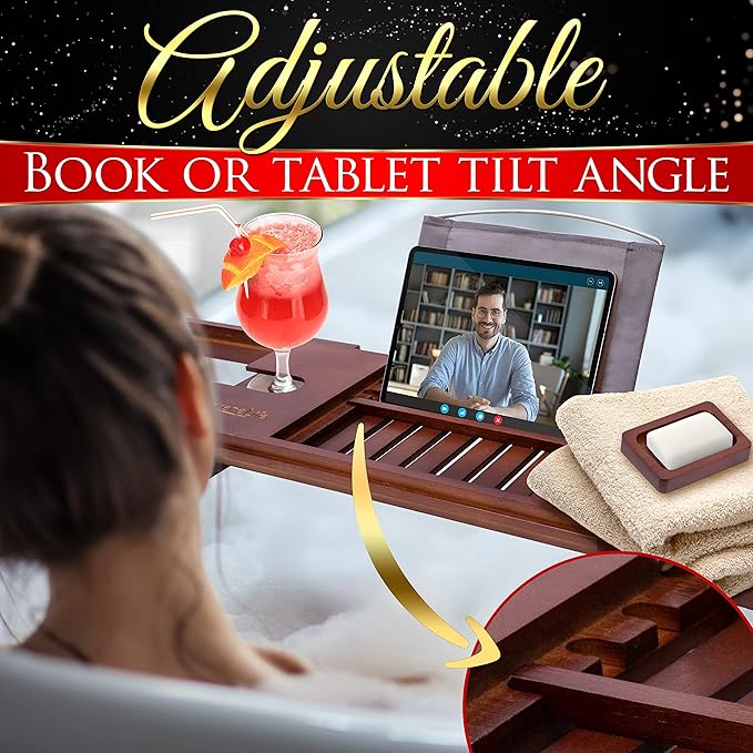 SereneLife Premium Bathtub Tray Caddy with Gift Box and Bow Set, Expandable Bath Tray, Unique House Warming Gifts for Mom, Women, Wedding, Anniversary, Bridal Shower, Fit for All Tub - Stain Brown